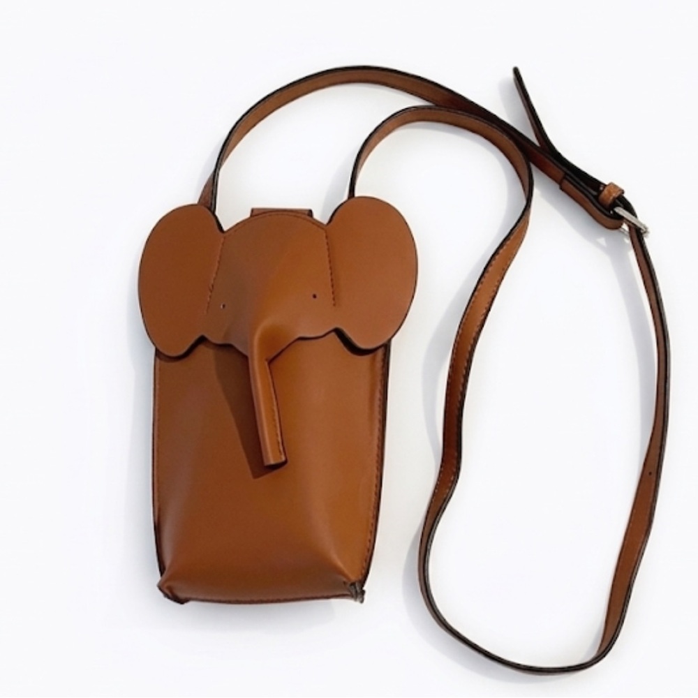 Brown Elephant Pocket Shoulder Bag Vegan Faux Leather Structure Cell Phone Purse